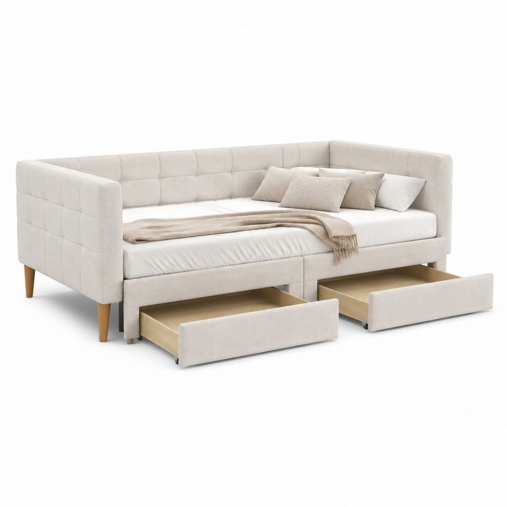 Letto singolo con cassetti beige in poliestere 210 x 100 x 80 cm