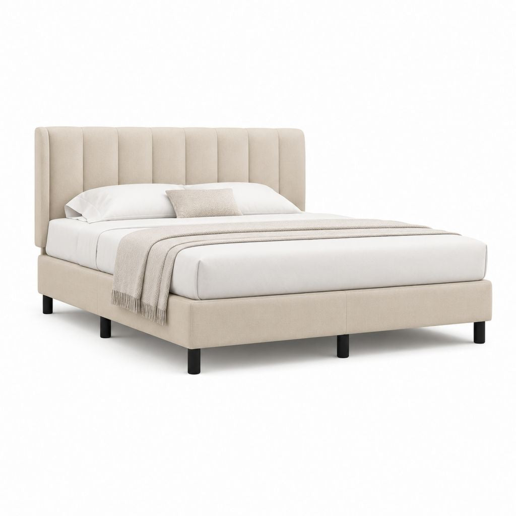 Letto matrimoniale imbottito beige in poliestere con testiera a pannelli verticali 160 x 200 cm