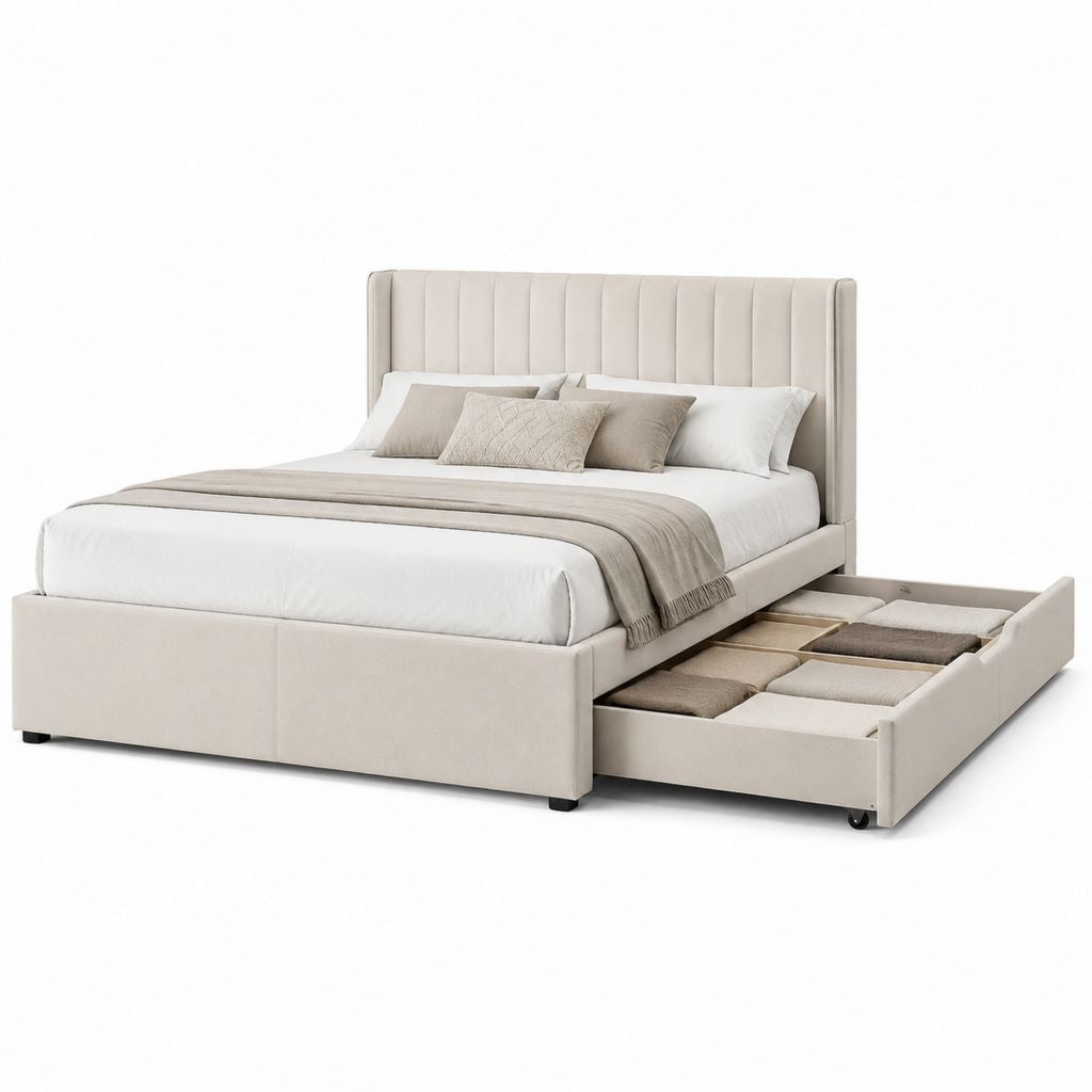Letto matrimoniale contenitore beige in poliestere 160 x 200 cm con testiera imbottita e cassetto estraibile