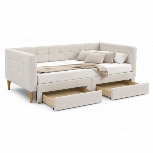 Letto singolo con cassetti beige in poliestere 210 x 100 x 80 cm