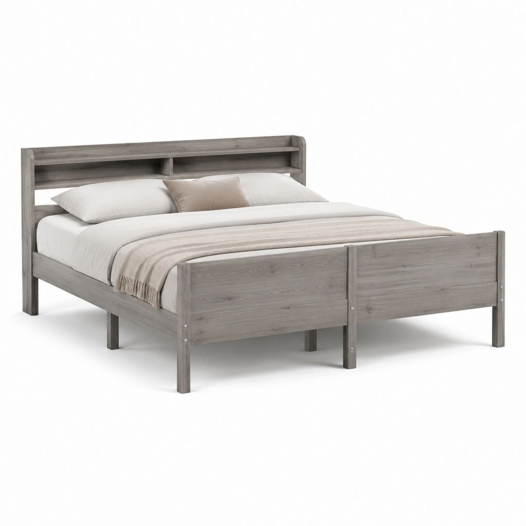 Letto matrimoniale con testiera a mensola grigio in legno massello di pino 170 x 211 x 110 cm per materasso 160 x 200 cm