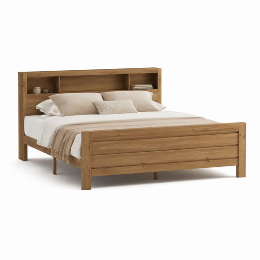Letto matrimoniale rettangolare con testiera a mensole marrone naturale in legno massello di pino 160 x 200 cm
