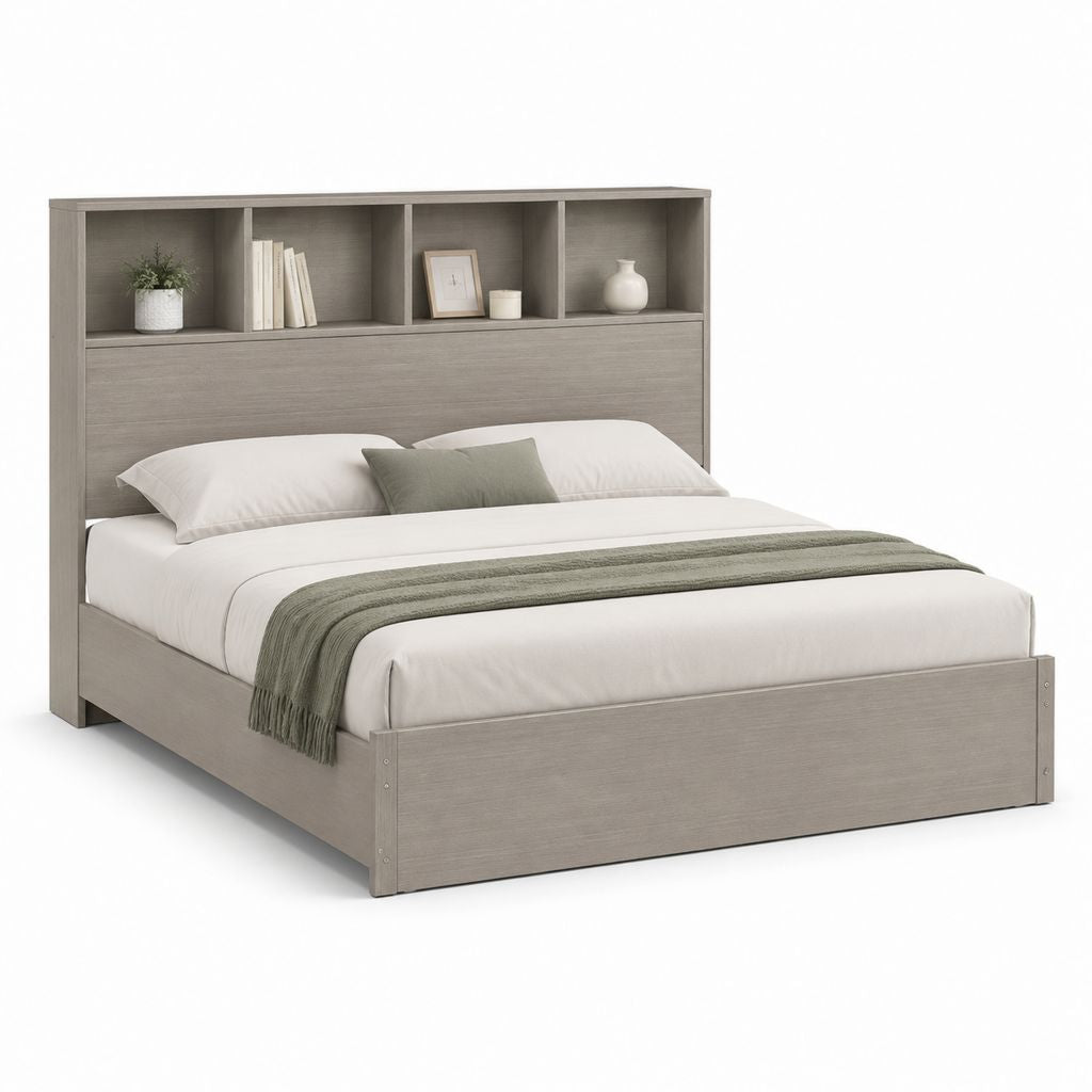 Letto matrimoniale con testiera libreria grigio rovere in pannelli truciolari 160 x 200 cm