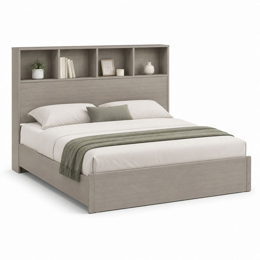 Letto matrimoniale con testiera libreria grigio rovere in pannelli truciolari 160 x 200 cm