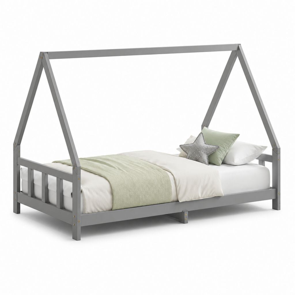 Letto singolo per bambini a casetta grigio in legno massello di pino 90 x 200 cm