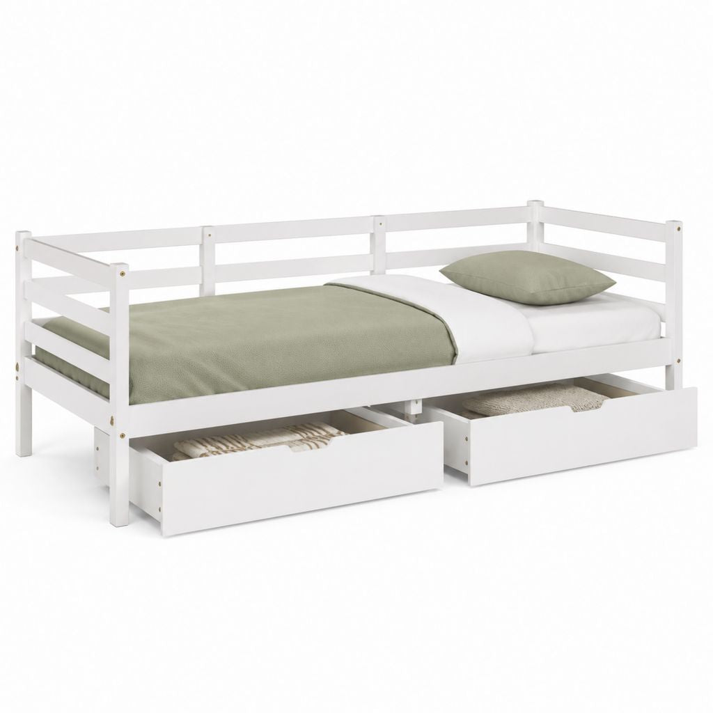 Letto singolo per bambini bianco in pino massello 90 x 200 cm con 2 cassetti
