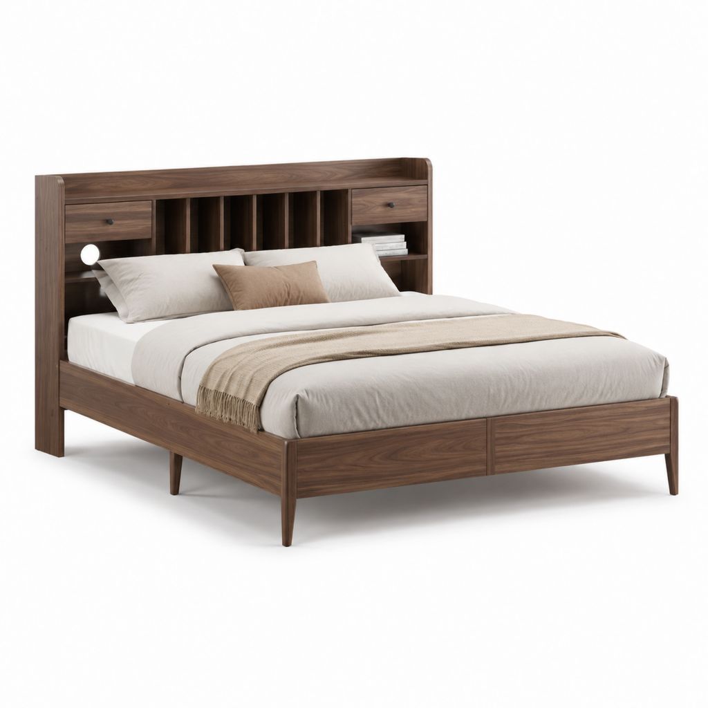 Letto matrimoniale con testiera contenitore noce scuro MDF rettangolare 160 x 200 cm