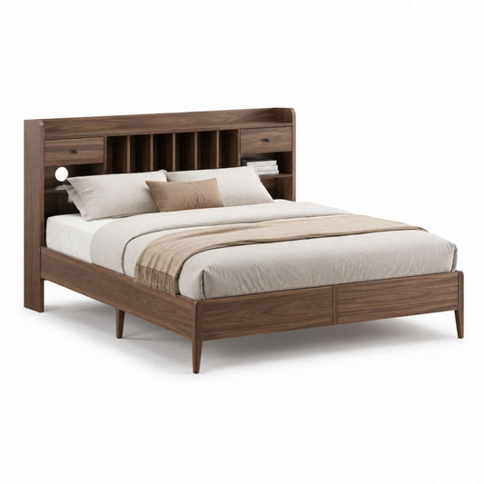 Letto matrimoniale con testiera contenitore noce scuro MDF rettangolare 160 x 200 cm