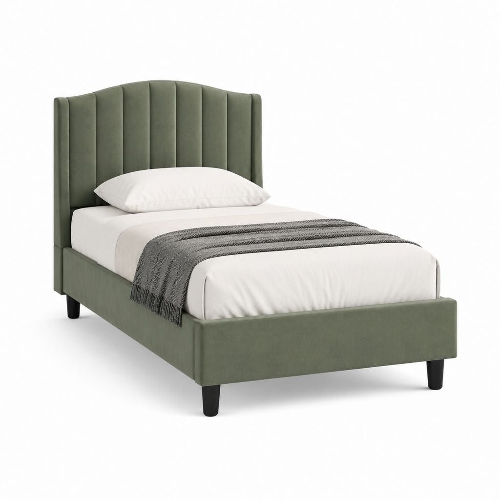 Letto singolo imbottito verde in velluto di poliestere 90 x 190 cm con testiera alta