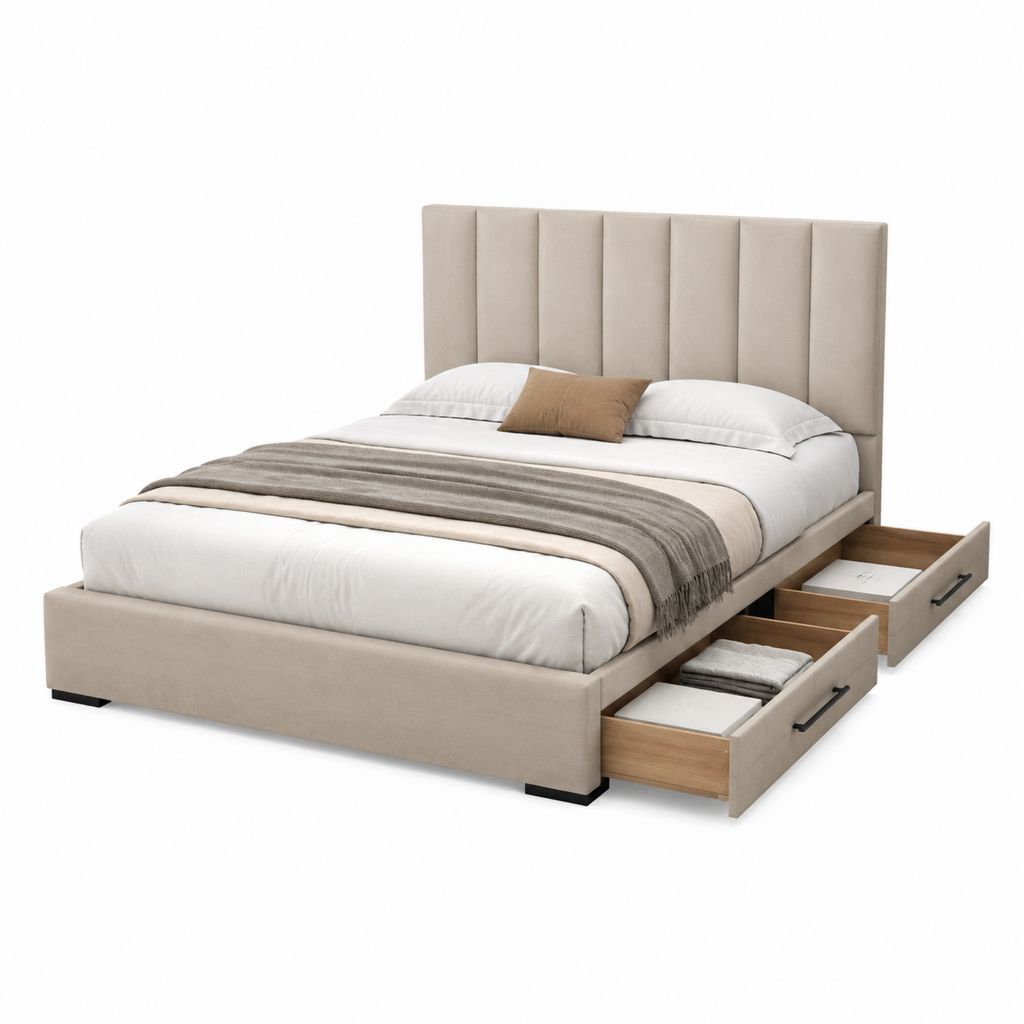 Letto matrimoniale contenitore beige in poliestere con 4 cassetti 160 x 200 cm
