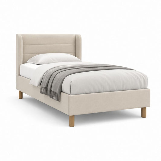 Letto singolo imbottito beige in poliestere con testiera 90 x 200 cm