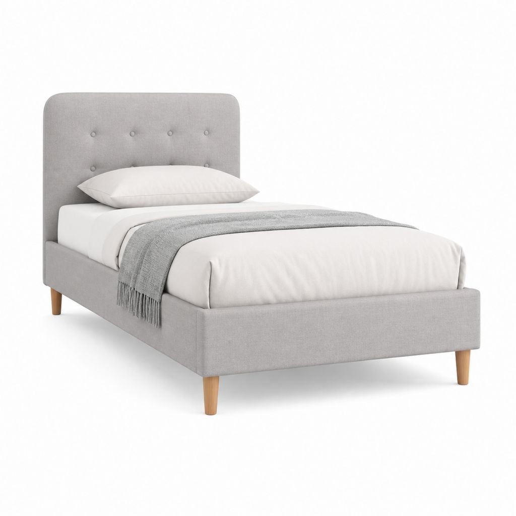 Letto singolo imbottito grigio chiaro in poliestere con testiera capitonné 90 x 190 cm