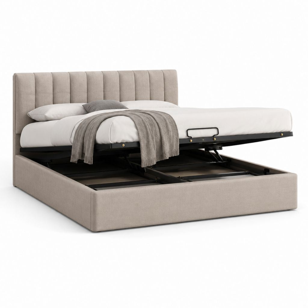 Letto matrimoniale contenitore beige in poliestere con testiera imbottita 160 x 200 cm