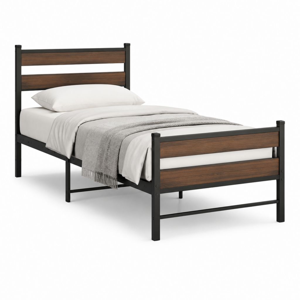 Letto singolo con struttura in acciaio nero e pannelli MDF effetto noce 90 x 190 cm