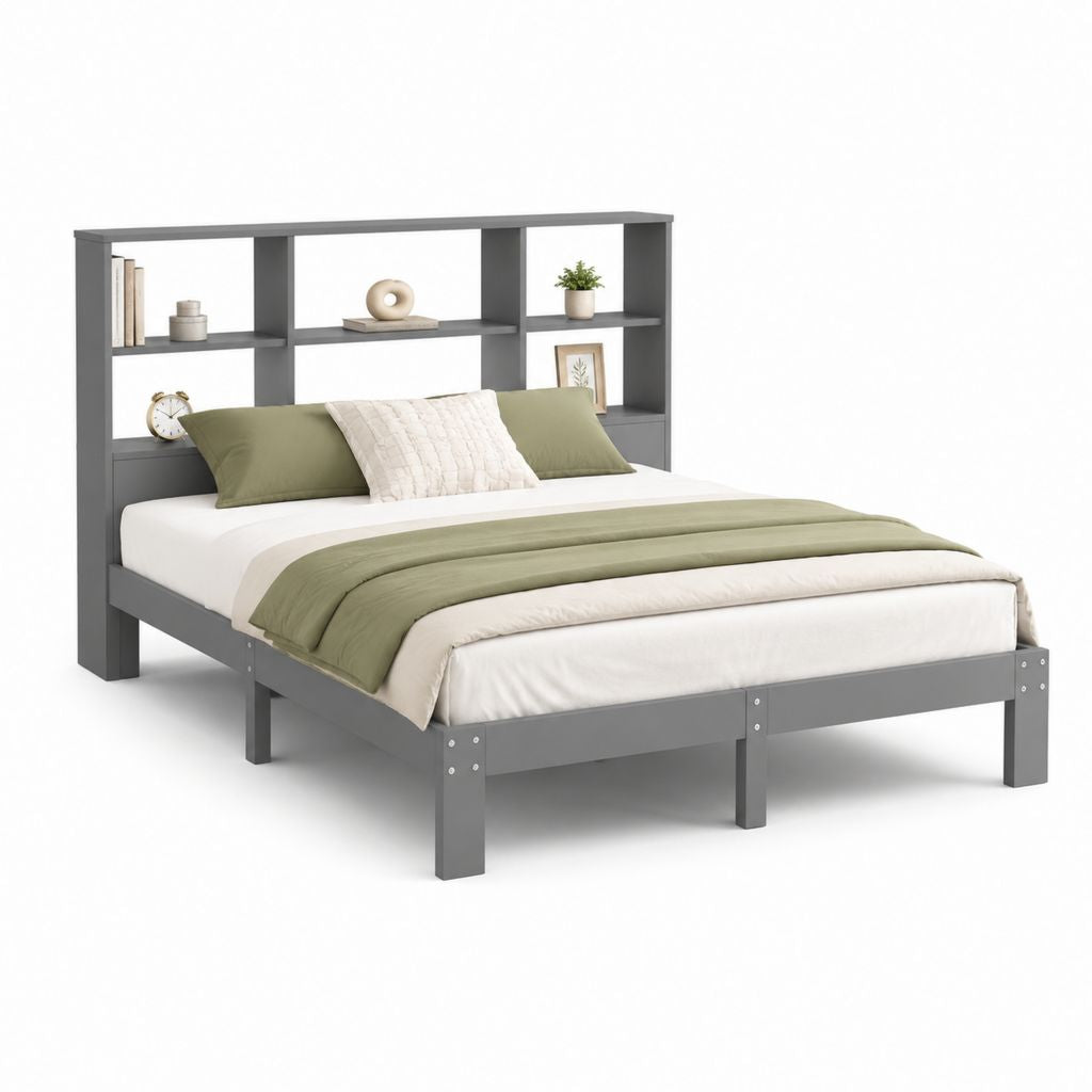 Letto matrimoniale grigio in MDF e legno massello con testiera libreria 160 x 200 cm