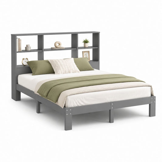 Letto matrimoniale grigio in MDF e legno massello con testiera libreria 160 x 200 cm