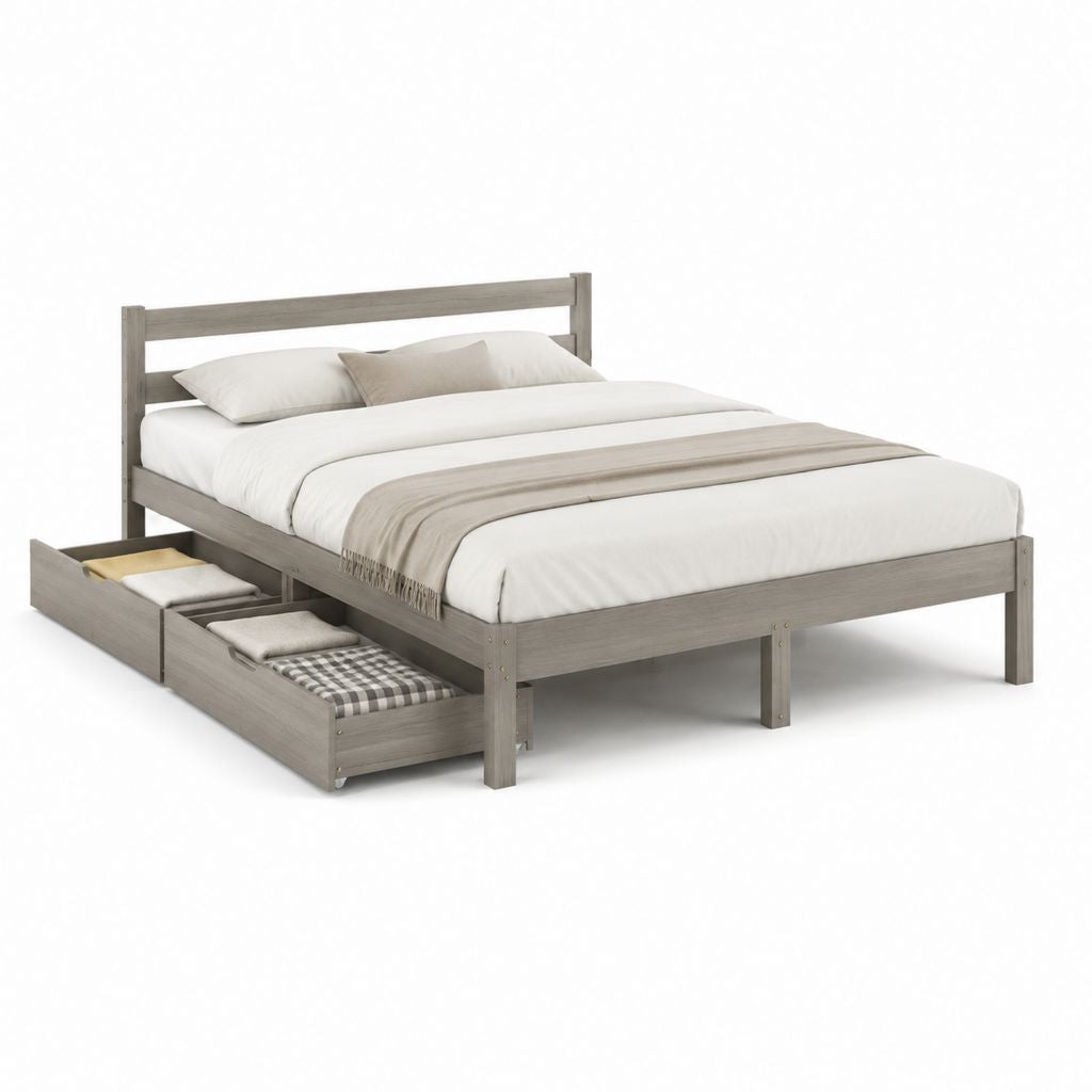 Letto matrimoniale con cassetto estraibile grigio in pino massello rettangolare 160 x 200 cm 205 x 165 x 100 cm