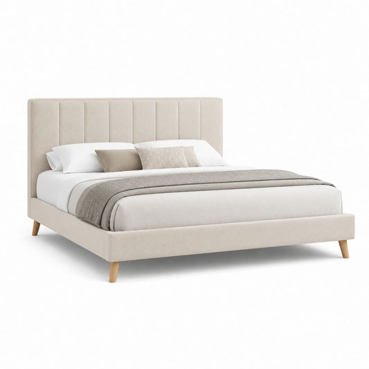 Letto matrimoniale imbottito beige in poliestere con testiera a pannelli 160 x 200 cm