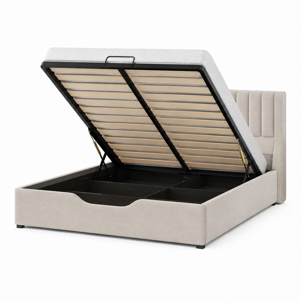 Letto matrimoniale contenitore beige in poliestere 160 x 200 cm con rete a doghe e apertura a gas