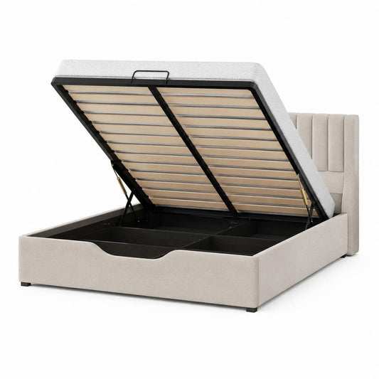Letto matrimoniale contenitore beige in poliestere 160 x 200 cm con rete a doghe e apertura a gas