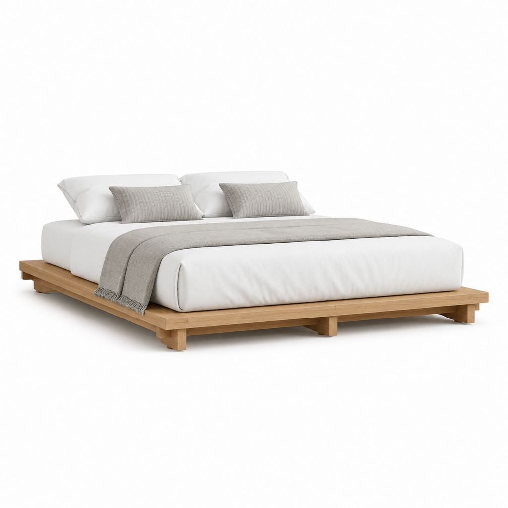 Letto matrimoniale con struttura bassa rettangolare in legno massello naturale 180 x 220 x 30 cm