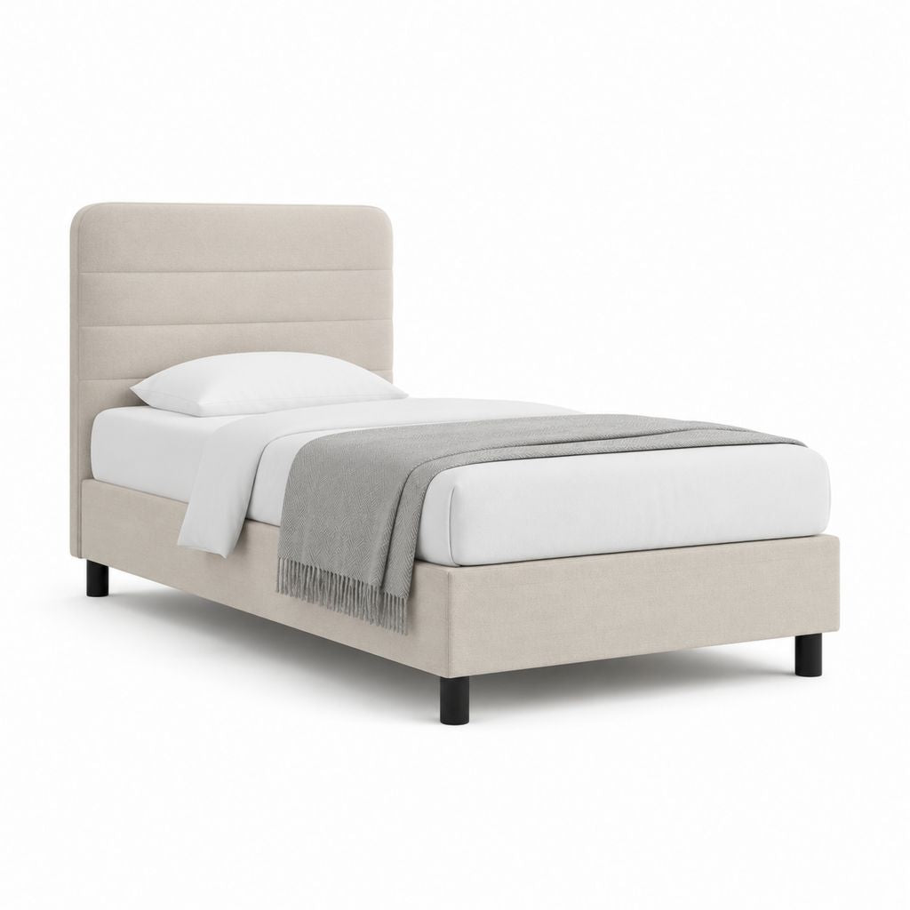 Letto singolo imbottito beige in poliestere con testiera alta 90 x 200 cm