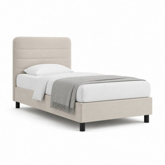 Letto singolo imbottito beige in poliestere con testiera alta 90 x 200 cm