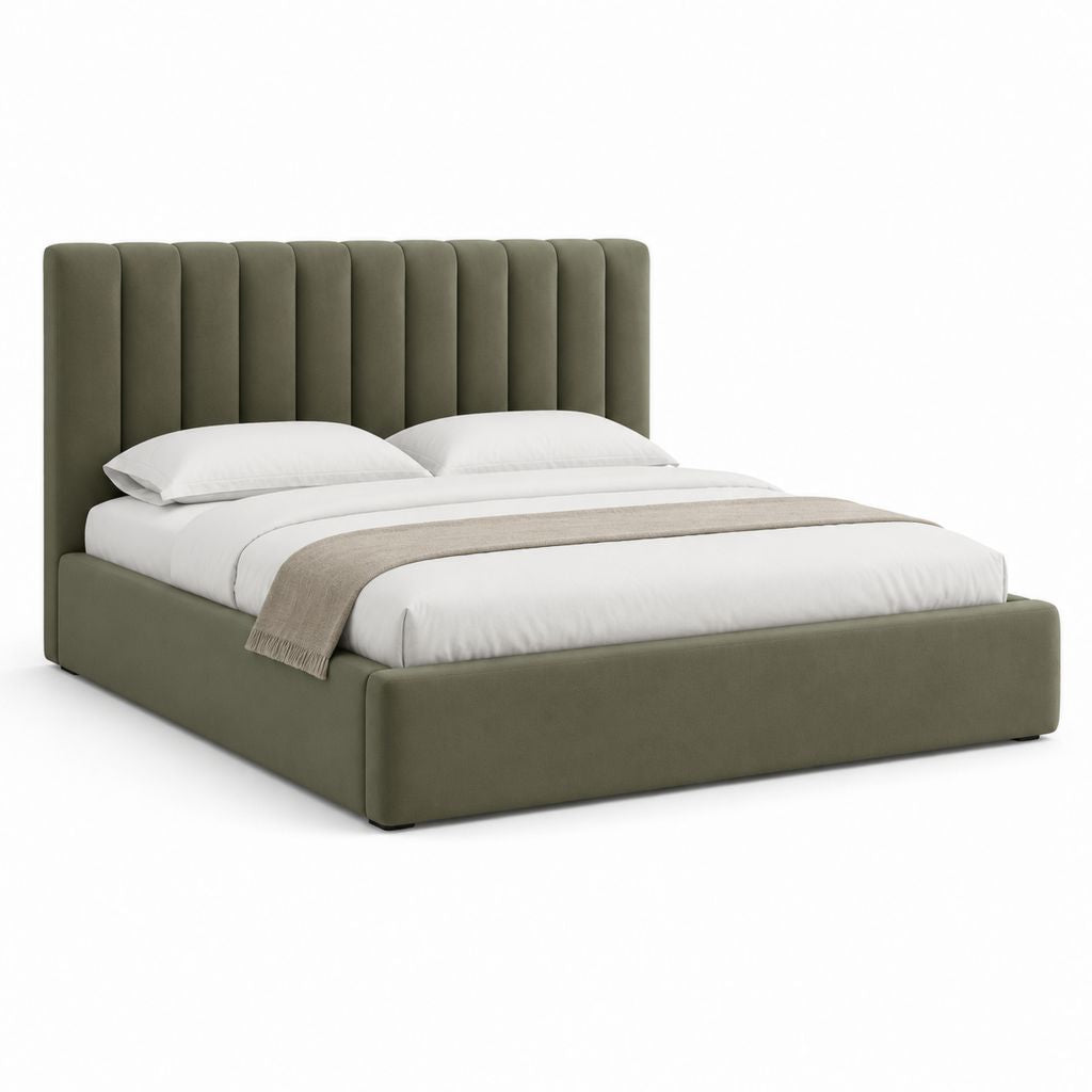 Letto matrimoniale imbottito verde oliva in velluto di poliestere rettangolare per materasso 160 x 200 cm 175 x 215 x 120 cm