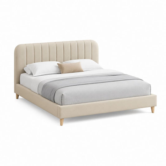 Letto matrimoniale imbottito beige in poliestere 160 x 200 cm con testiera alta