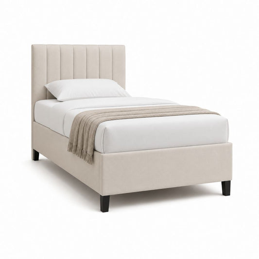 Letto singolo imbottito beige in poliestere con testiera a pannelli 90 x 190 cm