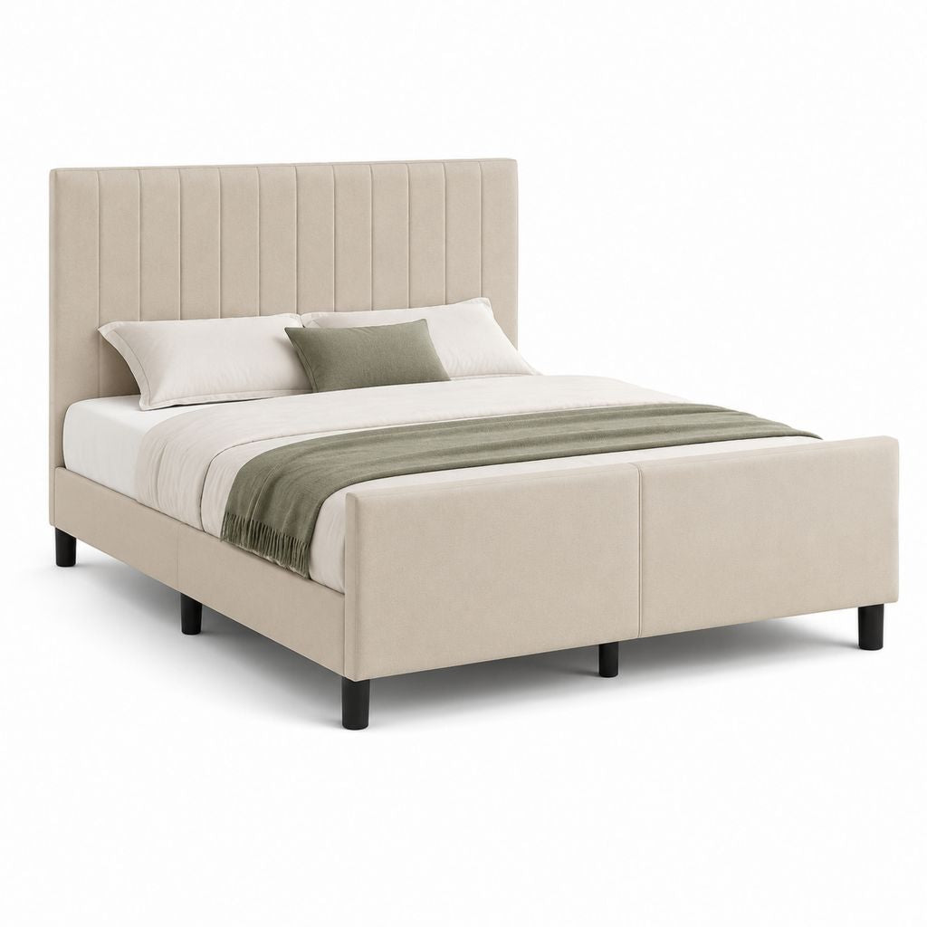 Letto matrimoniale beige in poliestere con testiera imbottita 160 x 200 cm