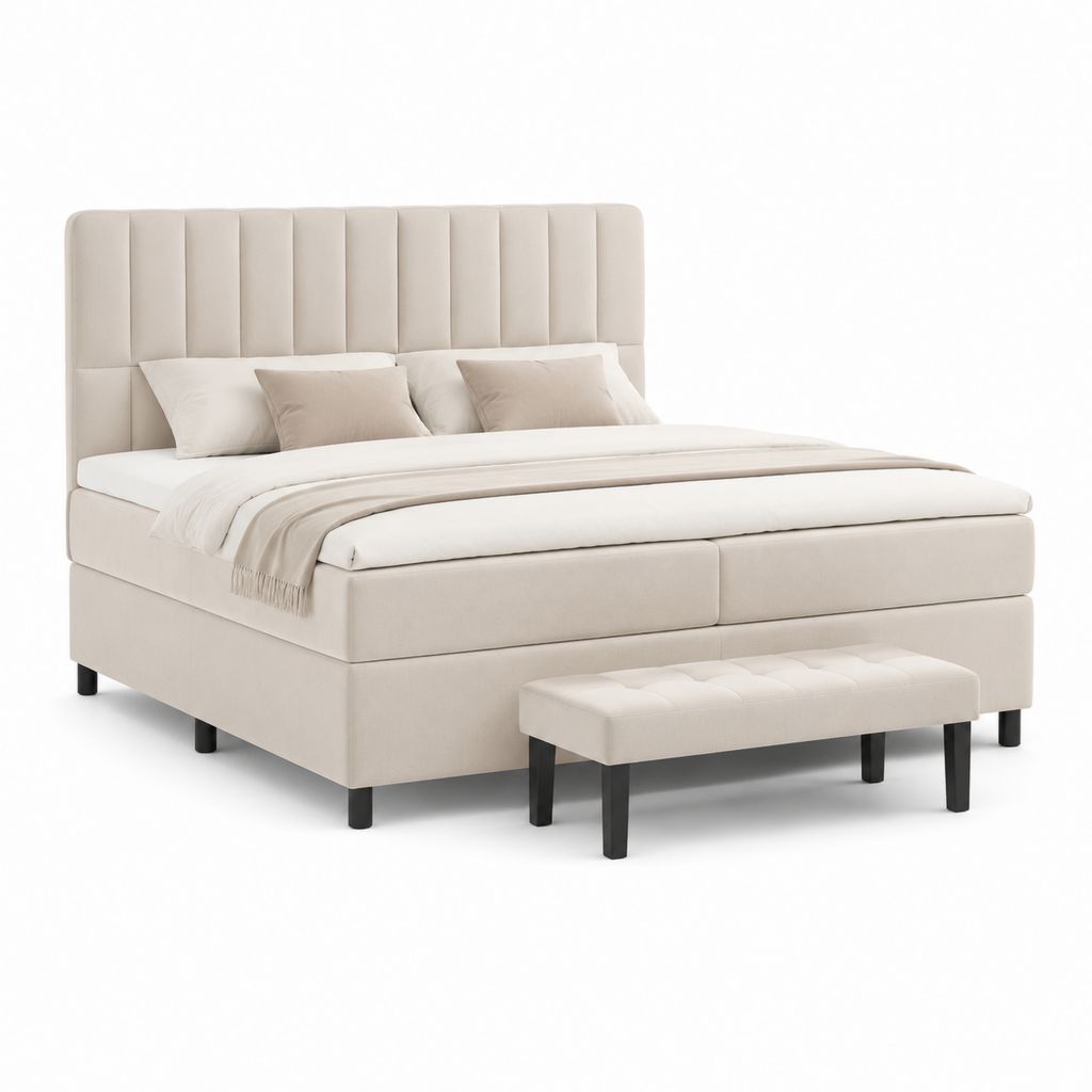 Letto matrimoniale imbottito con panca beige in poliestere 180 x 200 cm