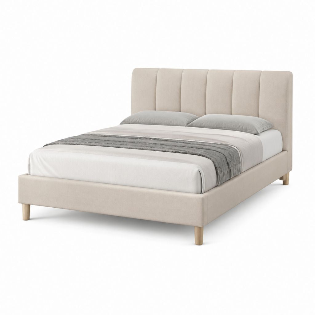 Letto matrimoniale imbottito beige in poliestere con testiera alta 170 x 215 x 110 cm