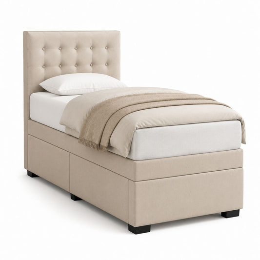 Letto singolo imbottito beige in poliestere con testiera capitonné 90 x 190 cm