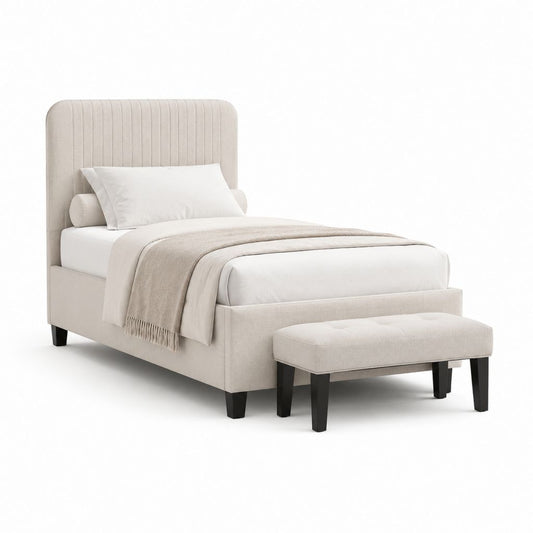 Letto singolo imbottito con panca beige rivestito in poliestere 90 x 200 cm
