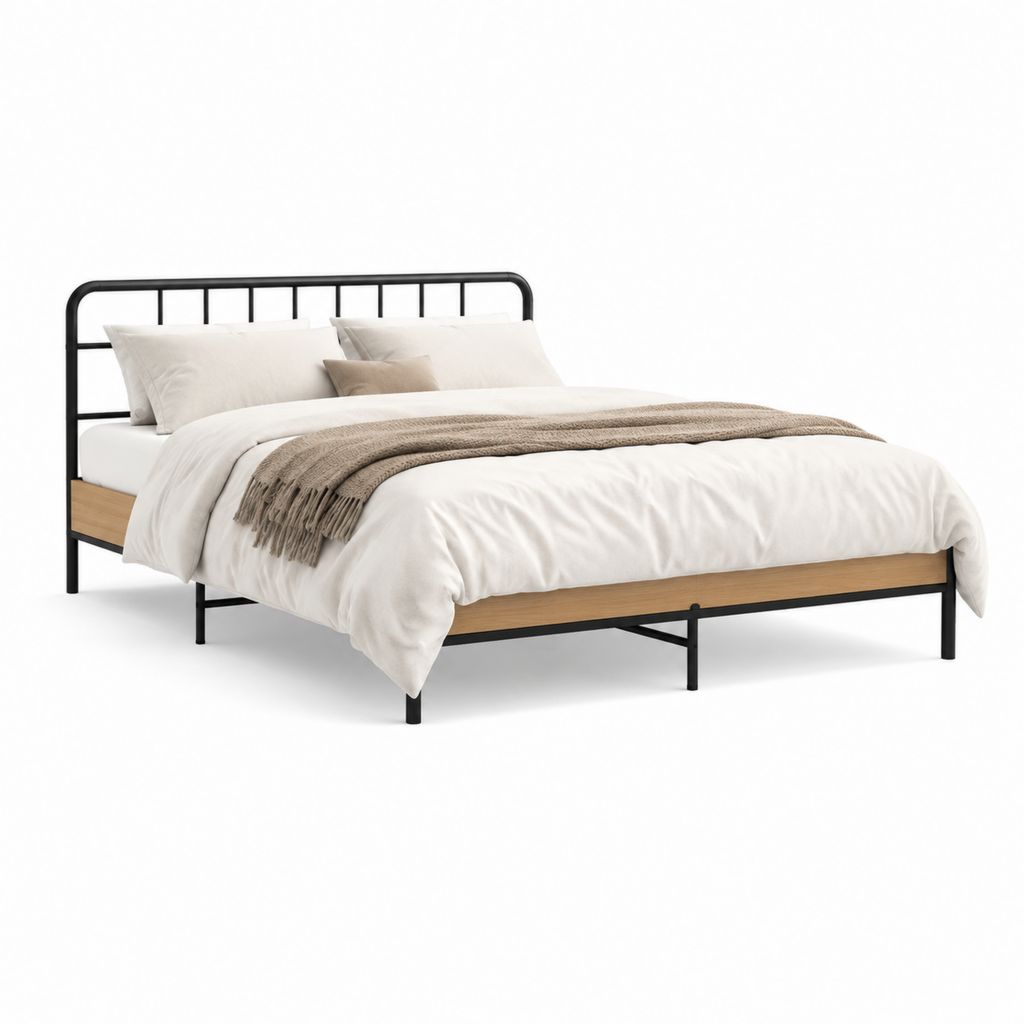 Letto matrimoniale con struttura in acciaio nero e MDF effetto rovere 160 x 200 cm